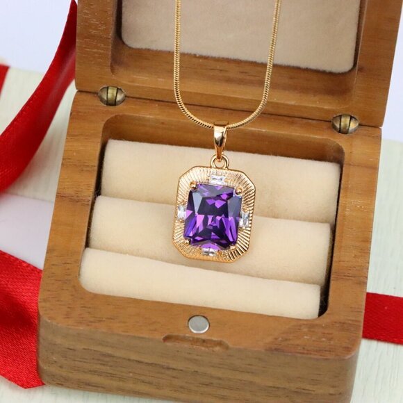 "Purple Rectangular Pendant with Gold Frame and Sparkling Accents, XPPT1786 - Picture 9 of 13